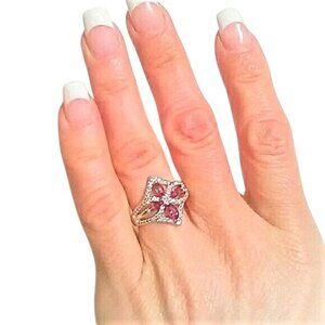 Ring Simulated Ruby Sapphire Diamond Sz 8 Clover Blossom Fleur Brilliant Sparkle